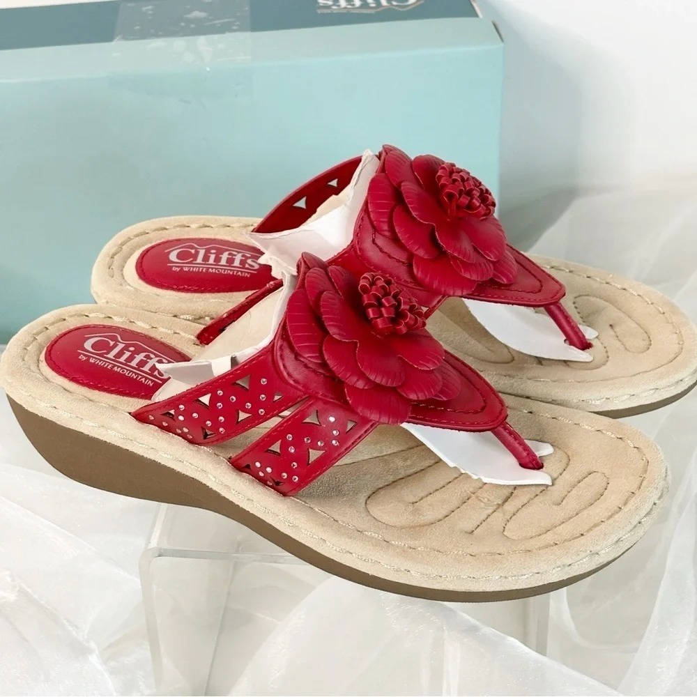 Women's Cliffs by White Mountain Cynthia Thong Sandal Berry Red Smooth